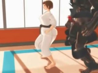Hentai karate jung dame würgen auf ein massiv schwanz im 3d