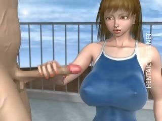 3D cartoon street girl take penis at poolside